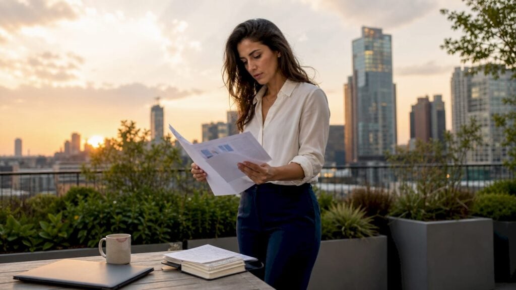 Startup founder reviewing financial documents in office