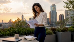Startup founder reviewing financial documents in office
