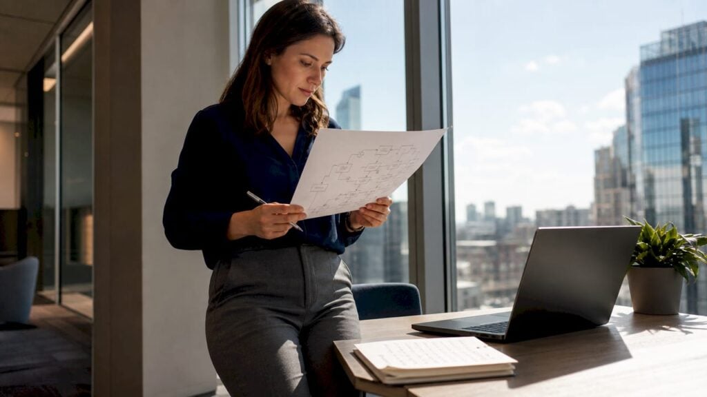 Sales manager reviewing workflow at office desk