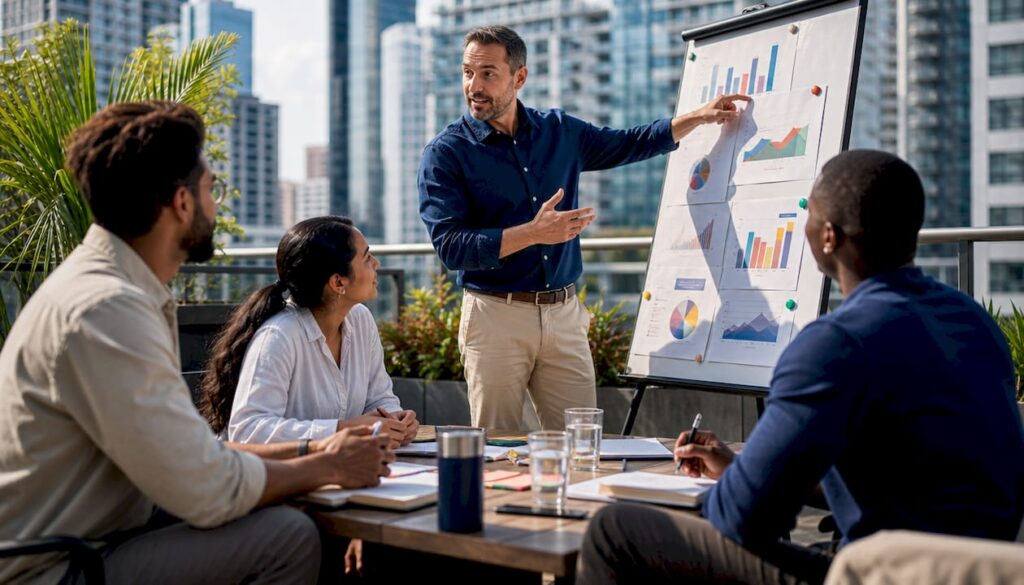 Male sales manager leading team meeting