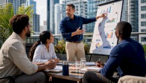 Male sales manager leading team meeting