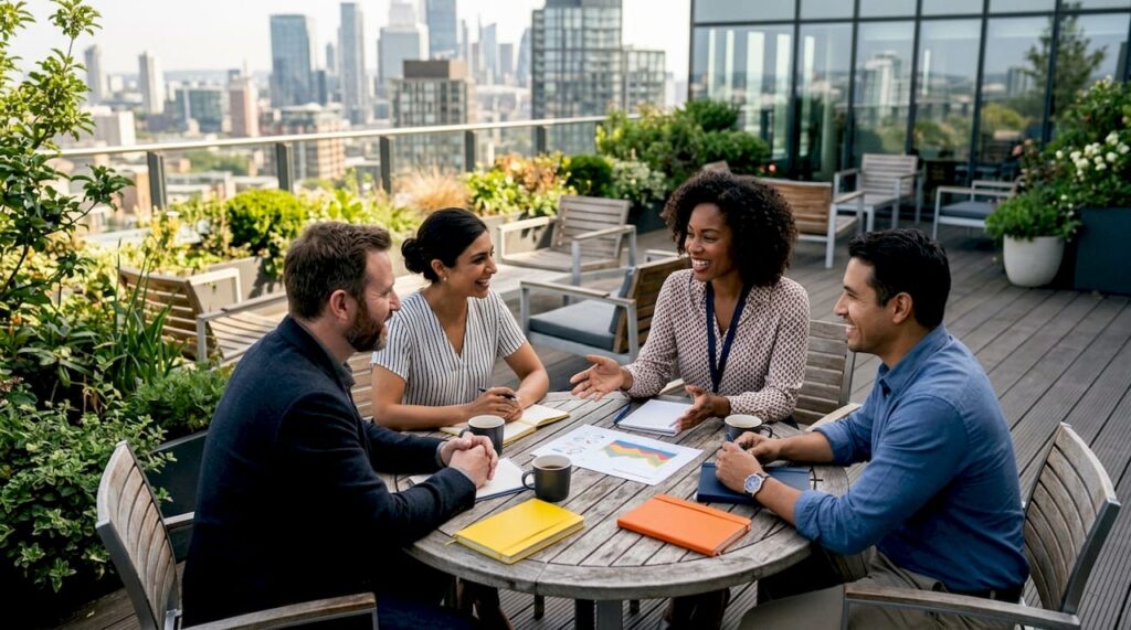 Diverse sales team discussing training in conference room