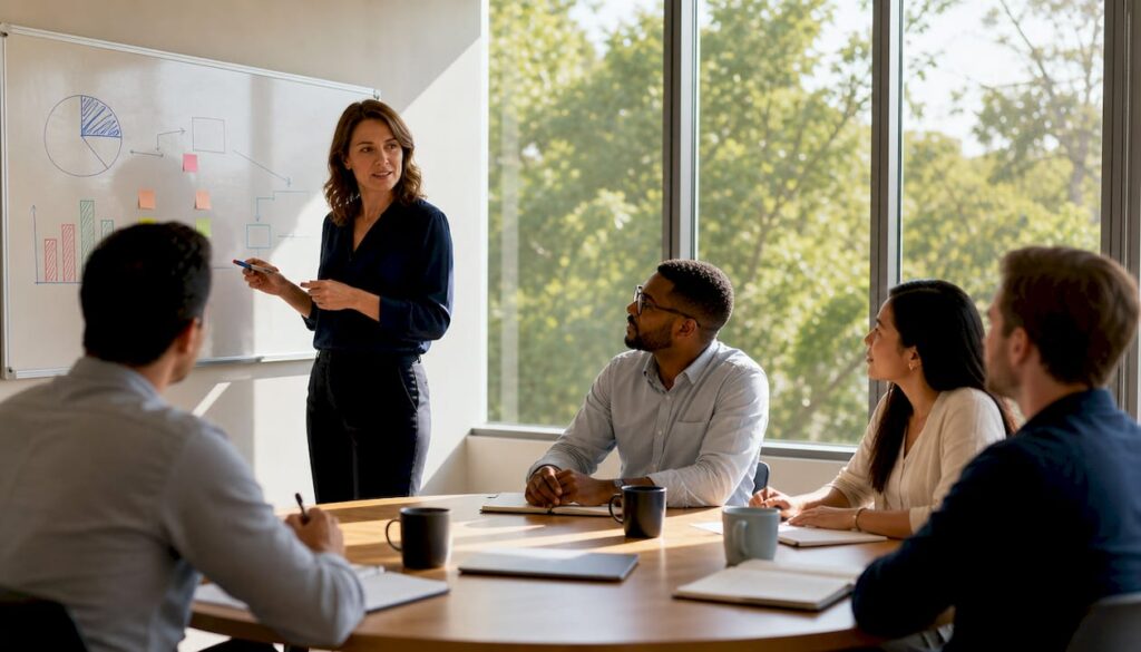 Sales marketing manager leading team meeting