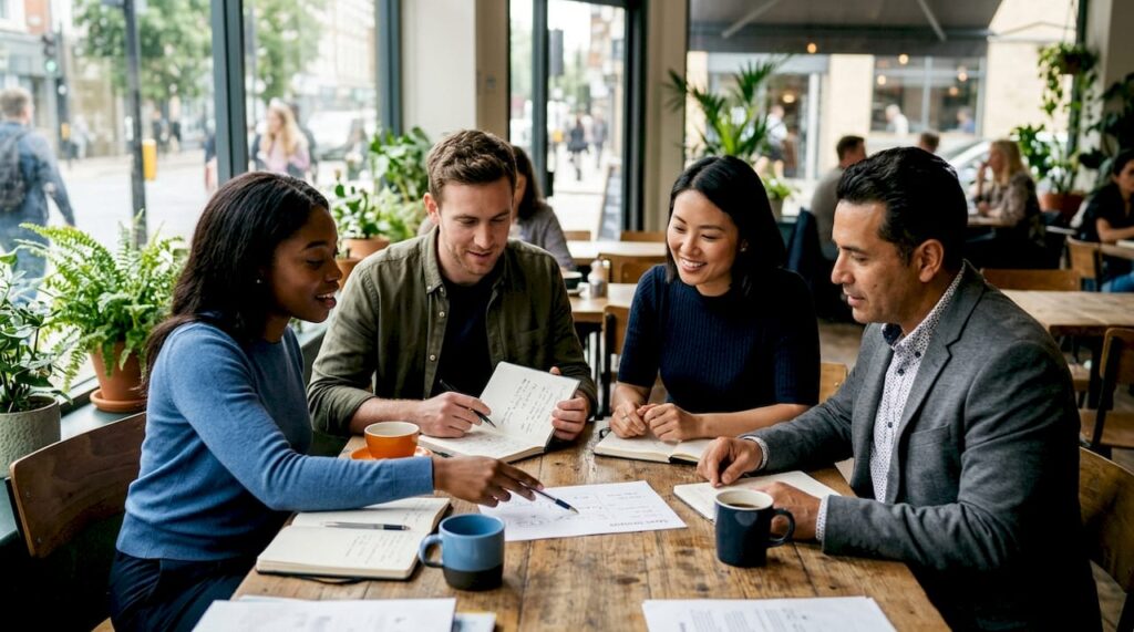 Team discussing sales growth strategy around table