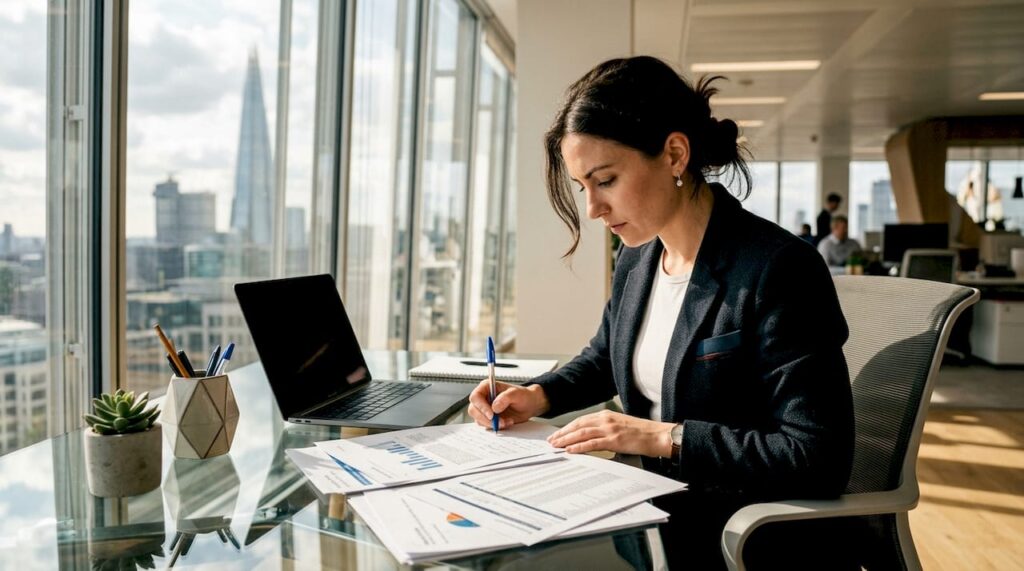 Sales operations manager reviewing reports