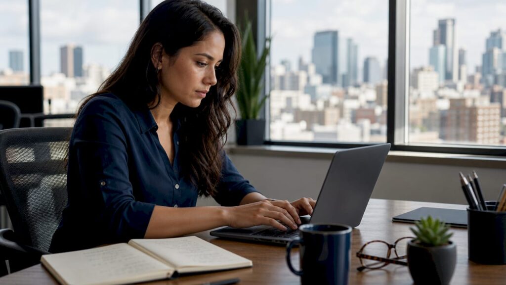 Woman working at sales development desk in office