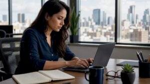 Woman working at sales development desk in office