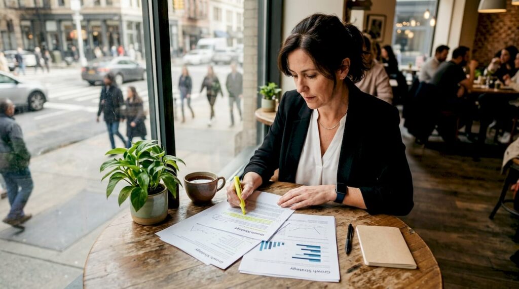 Business strategist reviewing growth plan documents