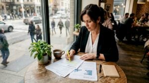 Business strategist reviewing growth plan documents
