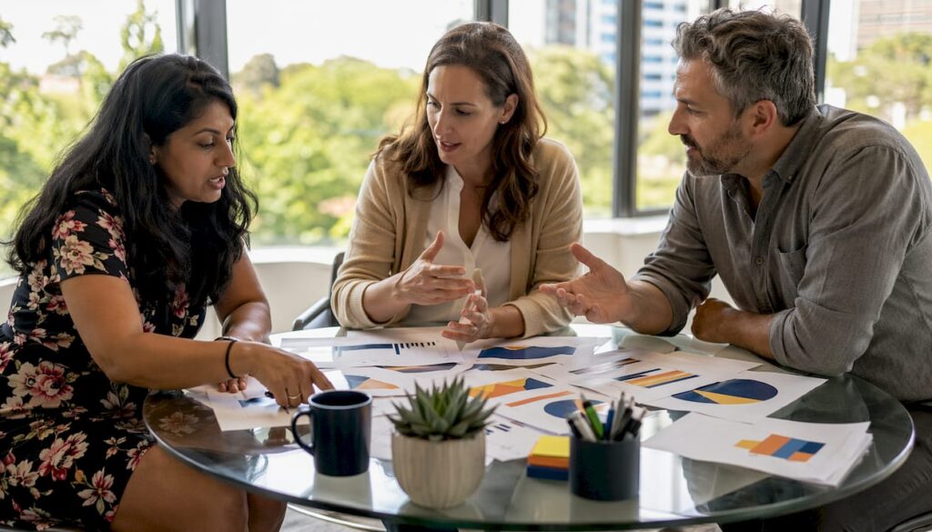 Sales leaders discussing strategies around conference table