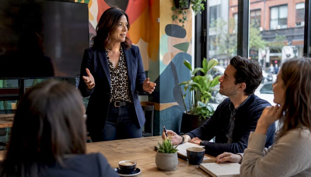 Sales manager leading team meeting in conference room