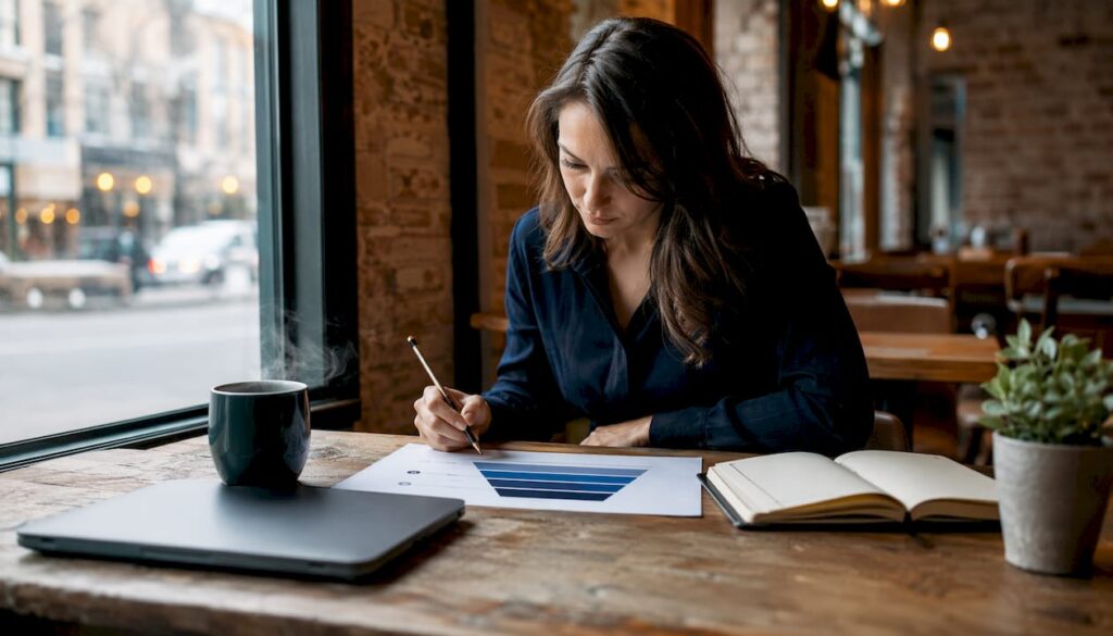 Saleswoman reviewing Salesforce pipeline documents