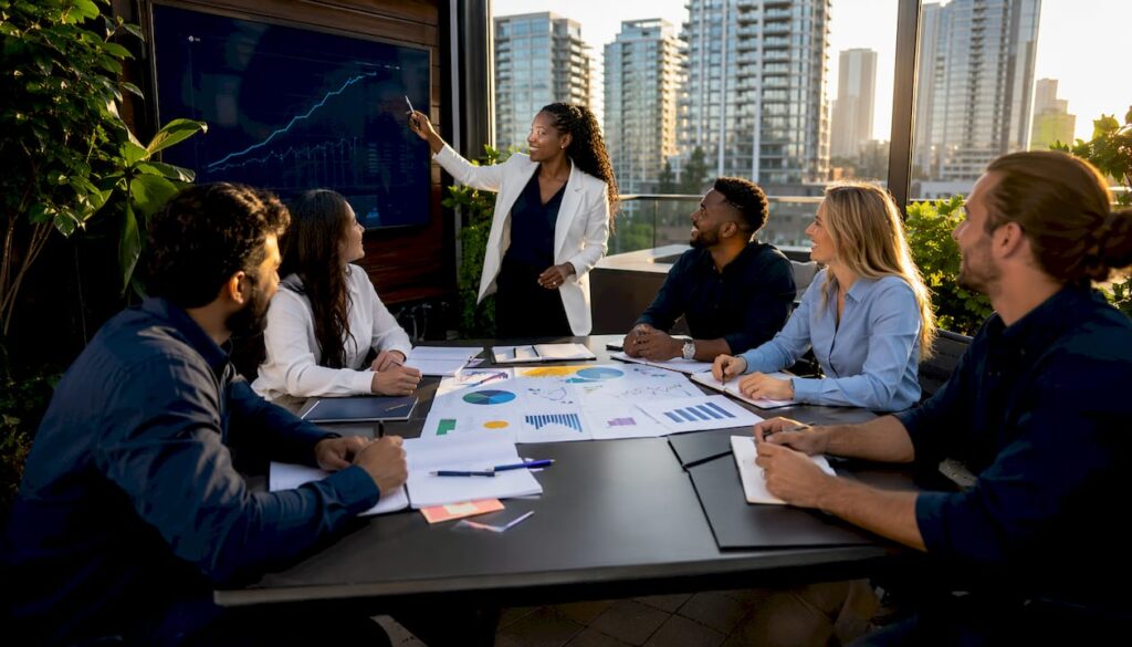 Diverse sales team collaborating in office