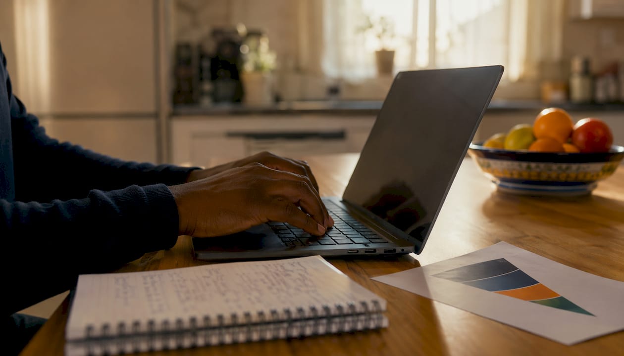 Hands typing on laptop beside sales funnel notes