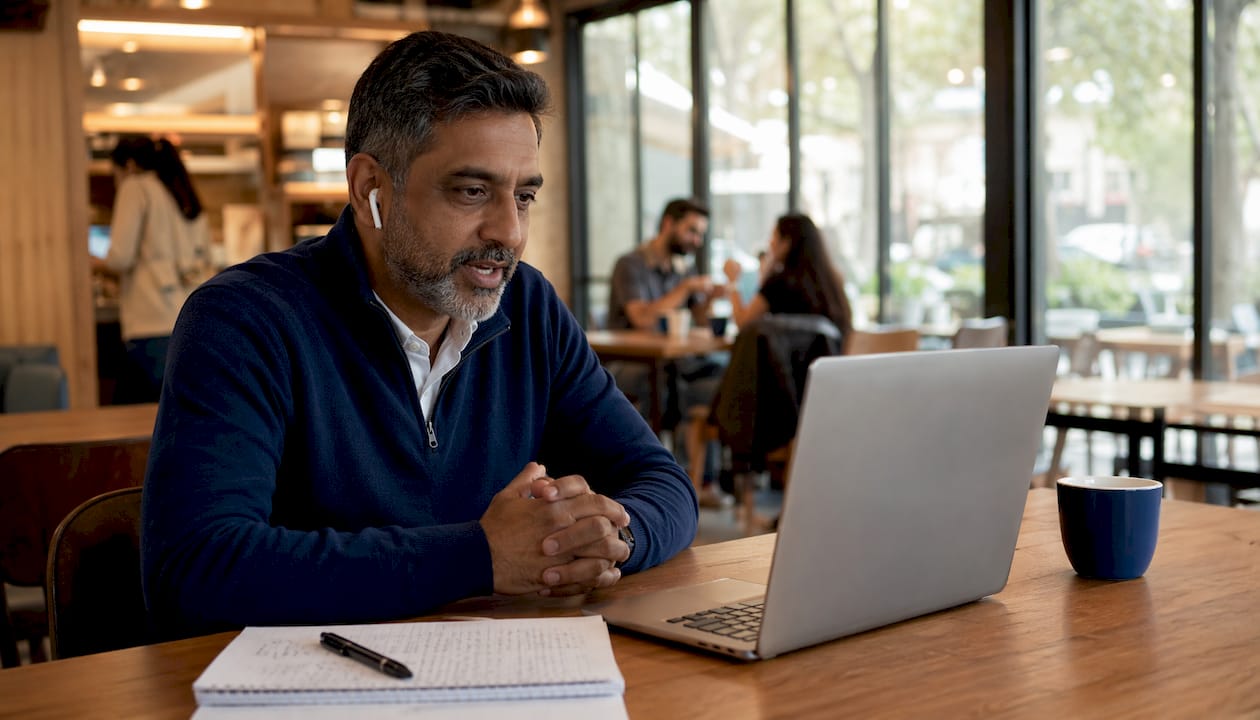 Sales rep on video call taking notes during discovery