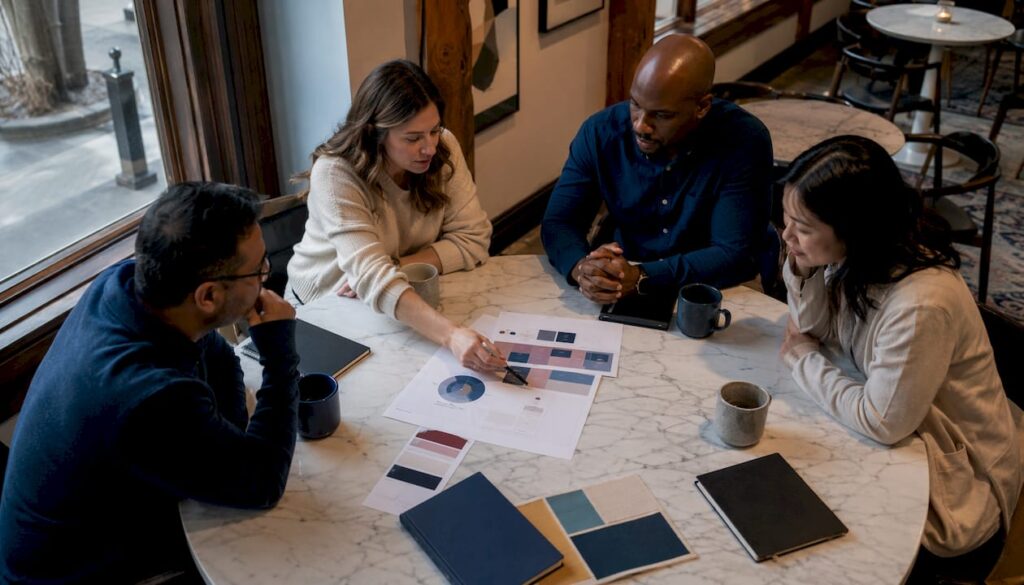 UK sales team collaborating in meeting room