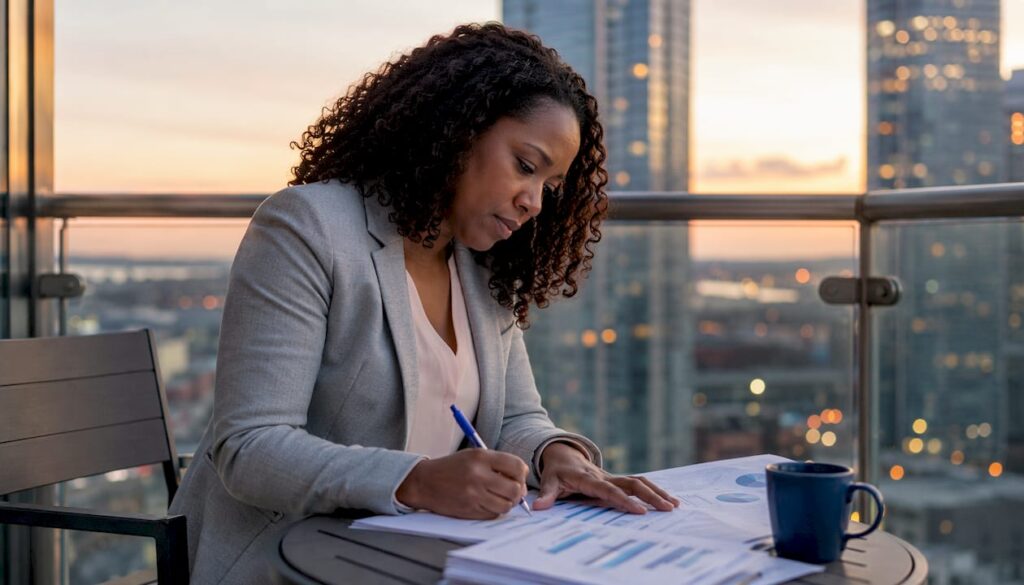 Woman reviewing sales performance reports in meeting room