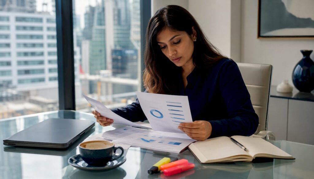 Sales account manager reviewing client reports