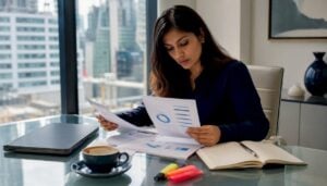 Sales account manager reviewing client reports