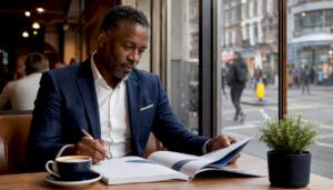 Sales leader reviewing playbook in office