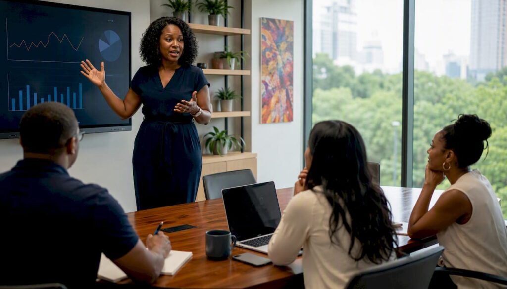 Inside sales manager coaching team in office