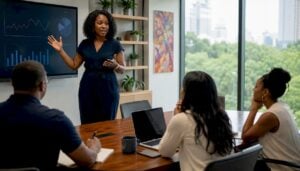 Inside sales manager coaching team in office