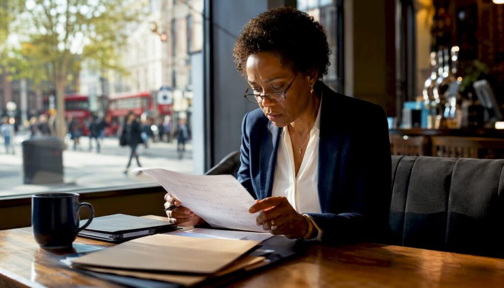 UK sales leader reviewing printed sales strategies