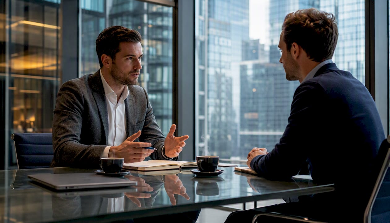 Two men discussing partnership over coffee