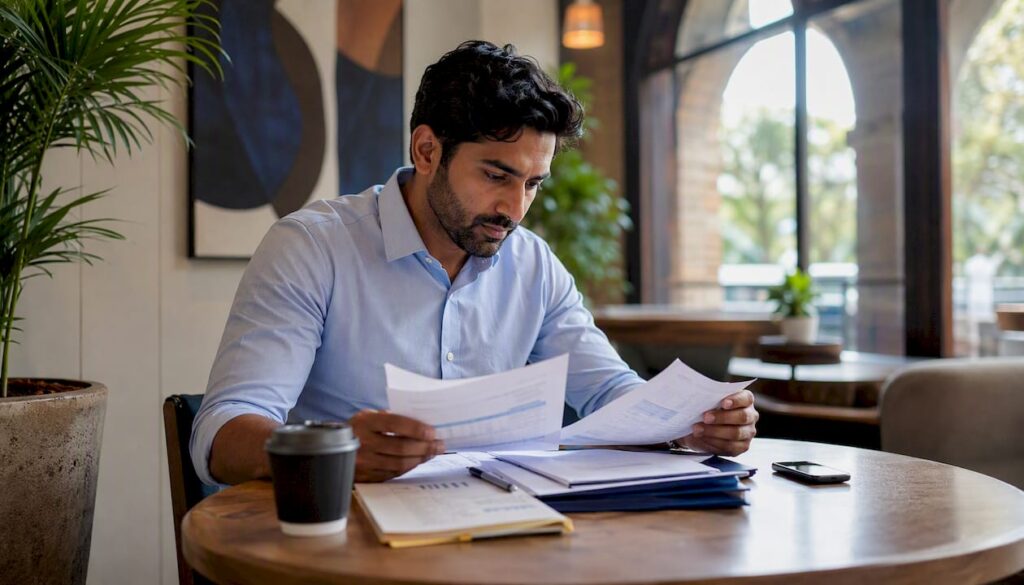 Assistant sales manager reviewing reports at desk