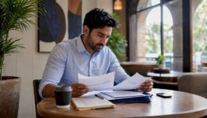 Assistant sales manager reviewing reports at desk