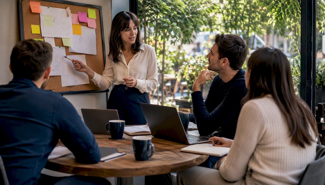 Female assistant manager leading team meeting