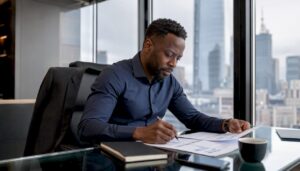 Sales manager reviewing reports in London office