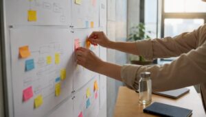 Hands arranging CRM workflow charts in office