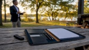 Portfolio and presenter on boardroom table