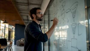 Person writing lead generation funnel on whiteboard