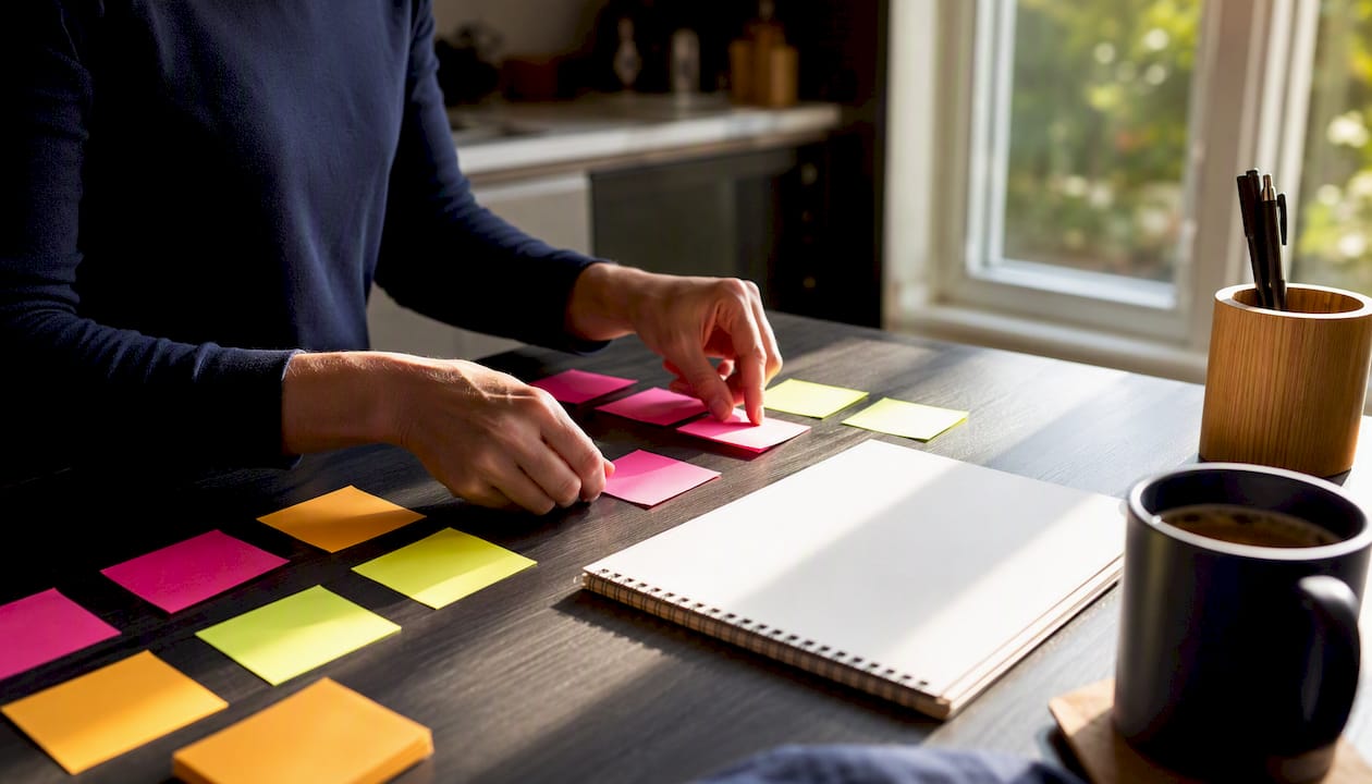 Hands arranging onboarding planning notes