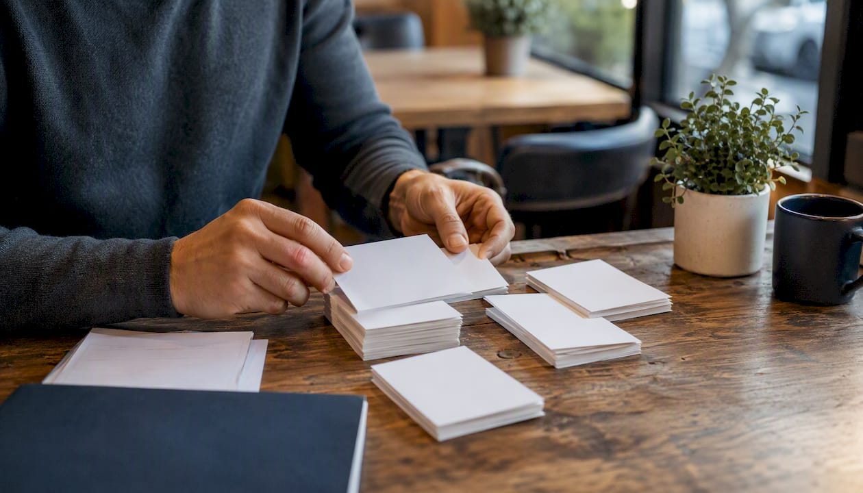 Hands sorting prospecting index cards