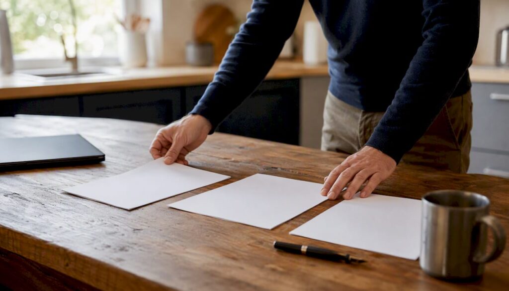 Hands arranging blank sales contracts on desk