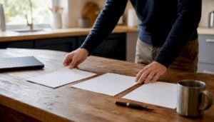 Hands arranging blank sales contracts on desk