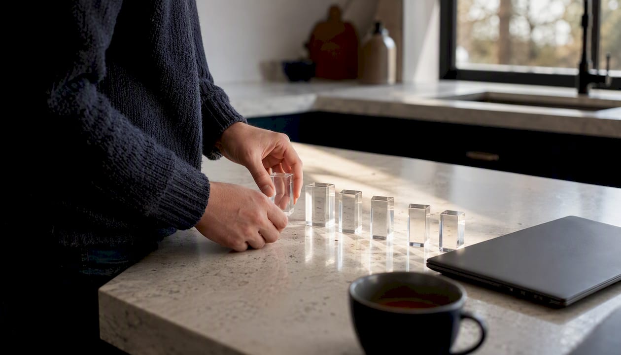 Hands arranging value concept blocks on table