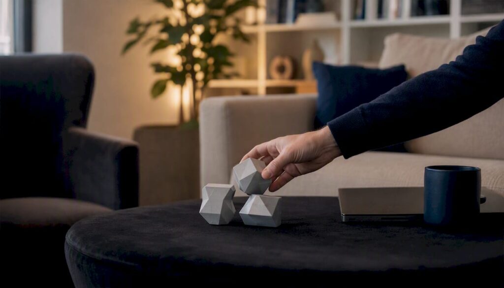 Hands assembling puzzle blocks on table