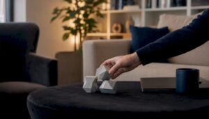 Hands assembling puzzle blocks on table