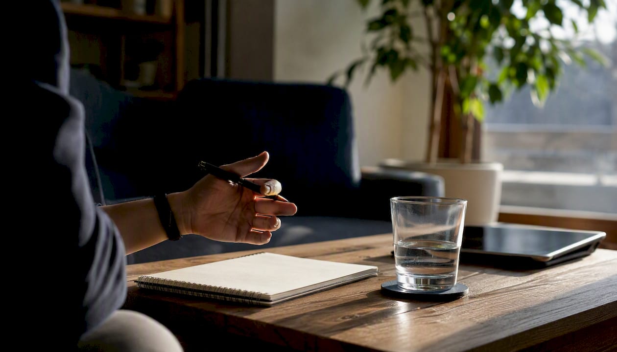 Hand with pen poised over blank notebook