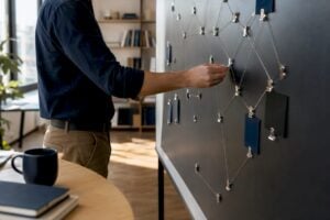 Hand connecting clips on stakeholder map board