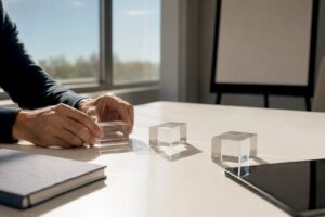 Hands arranging QBR agenda blocks on table