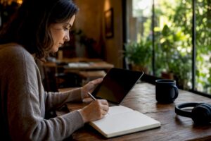 Sales coach reviewing call recordings with notes