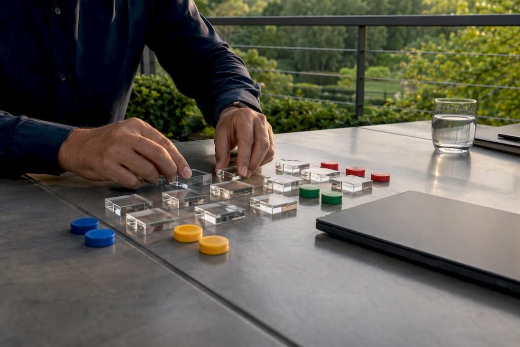 Hands arranging sales measurement tokens