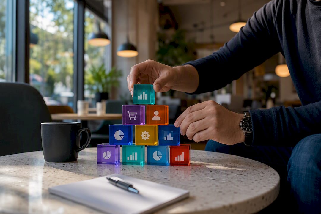 Hands arranging sales analytics tokens on desk
