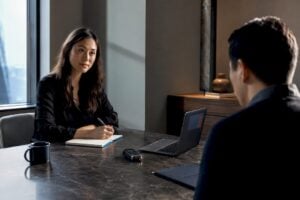 Analyst conducting a structured buyer interview