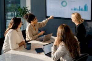 Women reviewing a sales leadership cohort project